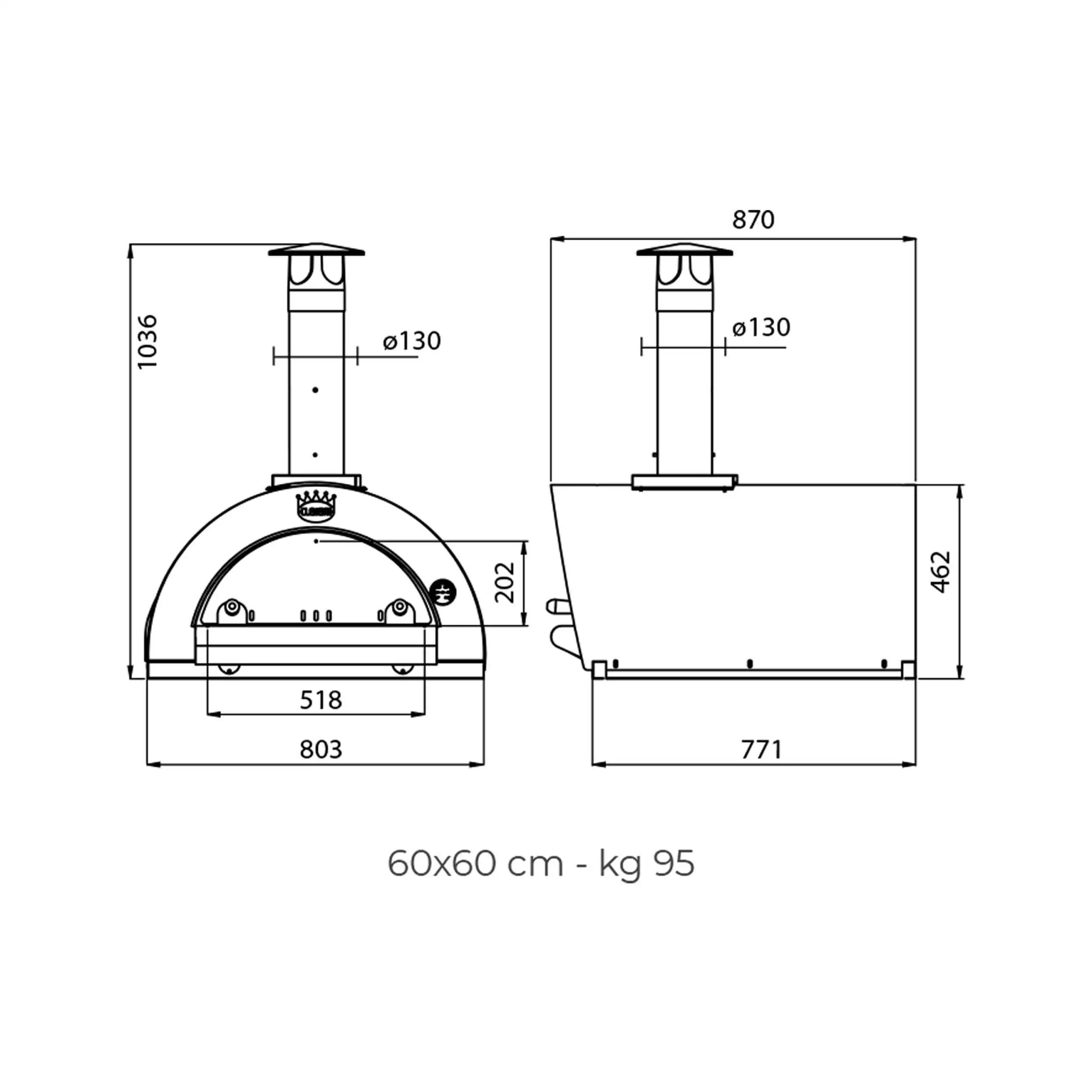Clementi Original 60x60 wood fired pizza oven - dimensions