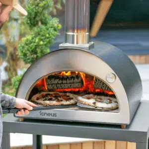 Igneus Classico wood fired pizza oven cooking two 12 inch pizzas